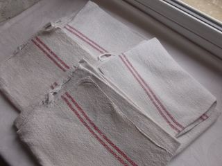French Set Of 4 Linen Kitchen Towels Red Striped Antique / Vintage