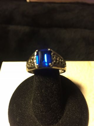 Sterling Silver Jewelry Ring Blue Emerald Cut Synthetic Stone Vintage Mans Ring