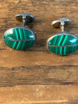 Vintage Sterling Silver Cufflinks With Green Malachite Stone 925