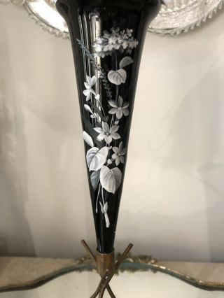 Antique Black Amethyst Glass Handpainted Enamel Epergne Vase Pin Dish Ormalu