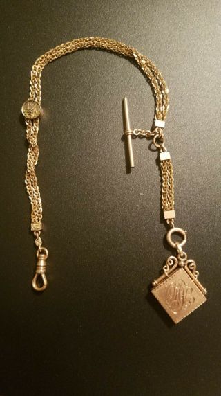 Antique Gold plated pocket watch chain with fob locket 4