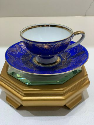 Contessa Bavaria Germany Demitasse Coffee Cup And Saucer Blue Gold Vintage