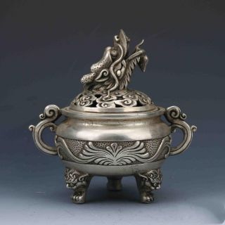 Old Tibet Silvering Copper Hand - Carved Incense Burner &dragon Lid