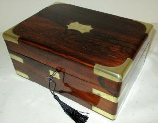 Lovely Small Antique Rosewood & Brass Table Top Box With Key