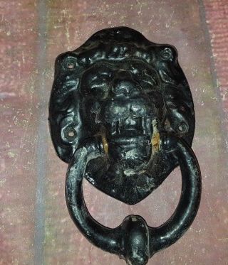 Vintage Old Cast Iron Large Lion Head Door Knocker Salvaged Architectural Black