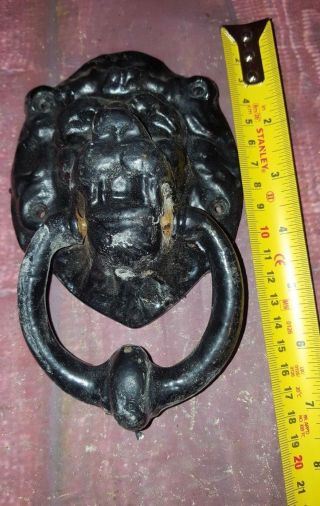 Vintage Old Cast Iron Large Lion Head Door Knocker Salvaged Architectural Black 5