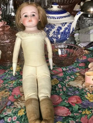 Antique German (?) Bisque Shoulder Plate Doll With Kid Leather Body 13 1/2” Doll