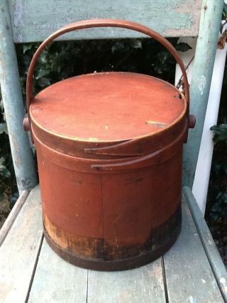 Early Primitive Wooden Firkin Bucket Old Red Paint Lid