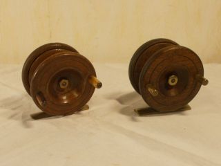 2 Ea.  Antique Strap Back Brass And Wood Fishing Reels 1920`s To 1930`s England