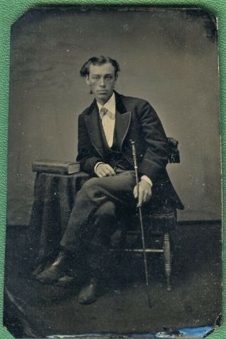 Well Dressed Man With A Cane Antique Tintype Photo