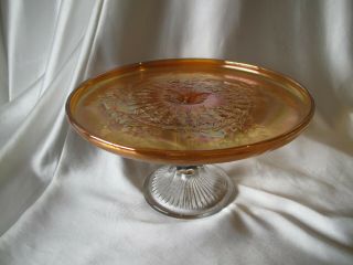 Unique Hand Made Pedestal Cake Stand With Carnival Glass Top C.  1930
