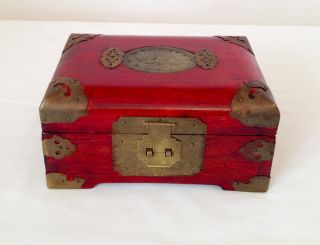 Vintage Wooden Jewellery Trinket Box Inlaid Jade Chinese Box 7 X 5 Ins