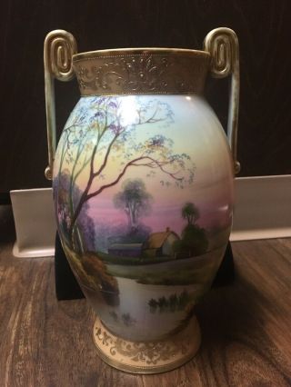 1900 Antique Hand Painted Nippon (m) Gold Leaf Art Panorama Japan Vase Porce