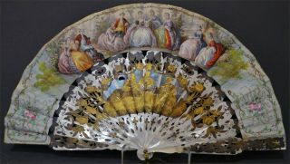 Interesting Collectible 19th Century Hand Coloured French Mother Of Pearl Fan