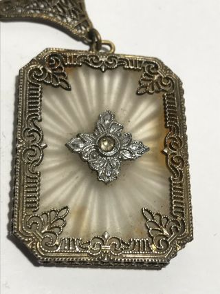 Antique Victorian Art Nouveau Silver Filligree Necklace With Cut Glass Pendant