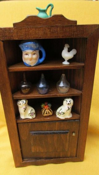 Dollhouse Miniatures 1 " Scale Vintage Wooden Corner Cabinet W/staffordshire Dogs