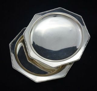 2 Vintage Octagonal Bead Edge Serving Tray Dish Bowl Mirror Finish Silver Plated