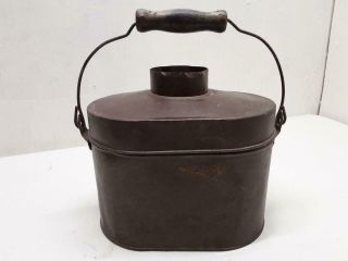 Vintage Antique Metal Tin Bucket Lunch Pail With Wooden Handle And Lid