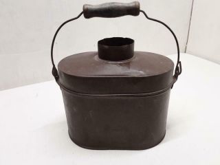 Vintage Antique Metal Tin Bucket Lunch Pail with Wooden Handle and Lid 4