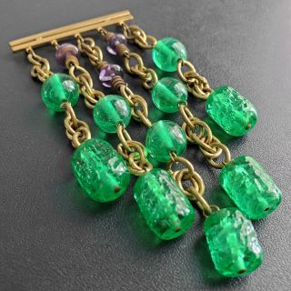 Antique Art Deco 5 " Long Dangle Green & Purple Glass Brass Chain Brooch Pin Q110