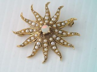 Antique Art Novueau Solid 14k Gold Opal & Seed Pearl Star Pin
