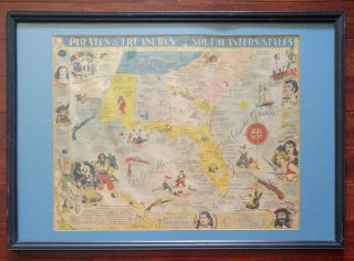 Vintage Poster Pirates And Treasures Of The Southeastern Us States Matted Framed
