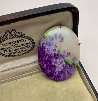 Antique Victorian Hand Painted Porcelain Violets Flowers Brooch/pin