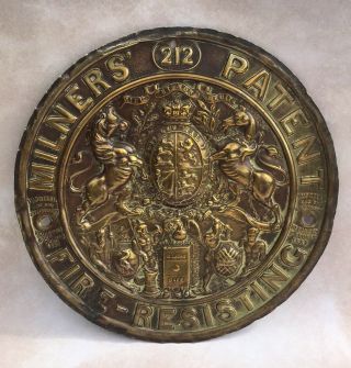 Milners 212 Patent Fire Resisting Safe Brass Plaque 1857 Court Improvements