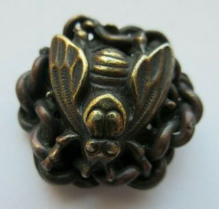 Wonderful Antique Vtg Metal Picture Button Bee Insect W/ Chain Link Rim 1 " (z)