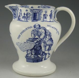 Antique Pottery Pearlware Blue Transfer Shakespeare Commemorative Jug 1830