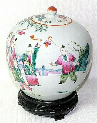 Estate Rare Vintage Chinese Famille Rose Porcelain Jar & Lid with Wooden Base 7