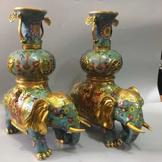 14 " Old China Bronze Cloisonne Enamel Gilt Elephant Statue Folwer Vase Pot Jar