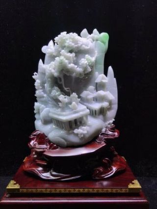 Chinese Exquisite Hand - Carved Natural Jadeite Jade Landscape Statue With Base