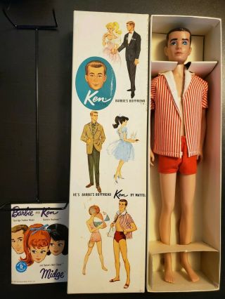 Brunette Straight Leg Ken Doll 750 W/ Box & Stand Vintage 1960 