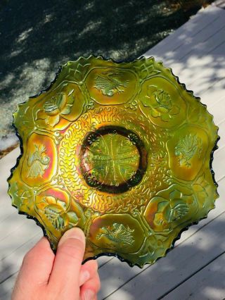 Antique Green Ruffled Carnival Glass Bowl,  Fenton Dragon & Lotus
