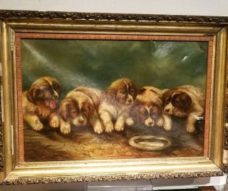 Antique Oil On Canvas Feeding Puppy 