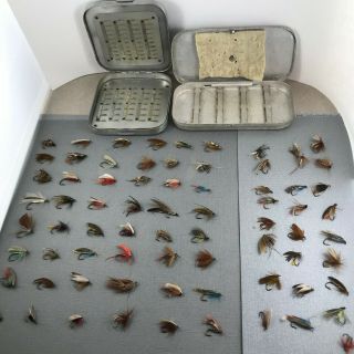 73 Vintage Antique Fly Fishing Flies In Vintage Metal Fly Boxes (1 Marked)