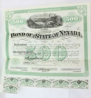 Antique State Of Nevada $500 Bond,  Carson City Nv 1872 Document
