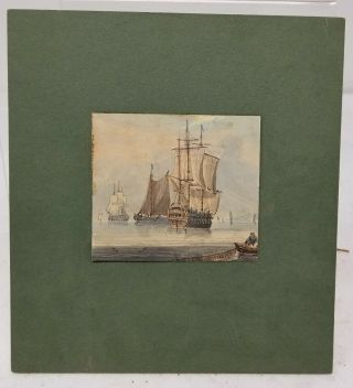 Antique Fine Miniature Watercolor Painting Tall Ships Dutch De Zeven Provincien