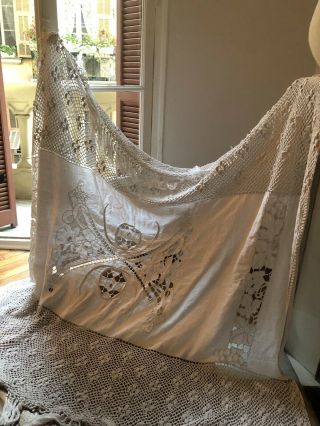 Antique White French Linen Hand Done Embroidery Bedspread 3