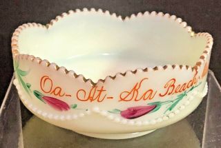 Antique Custard Glass W/ Gold Gild Bowl Souvenir Oa - At - Ka Beach Mich Michigan