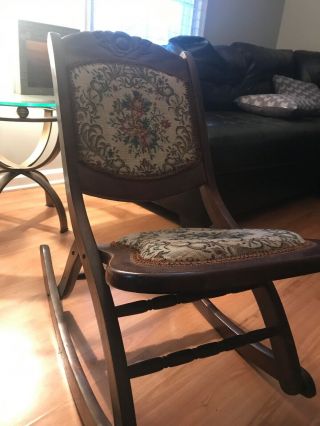 Wood Folding Rocker Rocking Chair Tapestry Victorian Vintage Antique