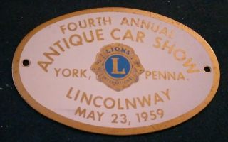 Old Vintage 1959 Antique Car Show Lions Lincolnway York Pa Brass Plate Plaque