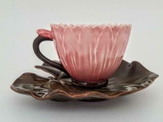 Rare Antique Art Nouveau Zsolnay Pecs Majolica Lotus Flower Cup & Saucer 1880 2 2