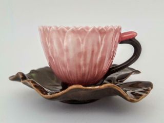 Rare Antique Art Nouveau Zsolnay Pecs Majolica Lotus Flower Cup & Saucer 1880 2 3