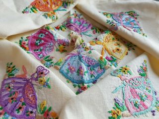 Vintage Hand Embroidered Linen Tablecloths And Pictures With Crinoline Ladies