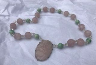Old Chinese Gold On Sterling Carved Rose Quartz Jade Bead Crystal Necklace