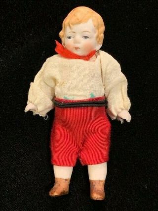 Antique Bisque Dollhouse Boy Doll,  Wire Jointed Arms And Legs (german?),  4 "