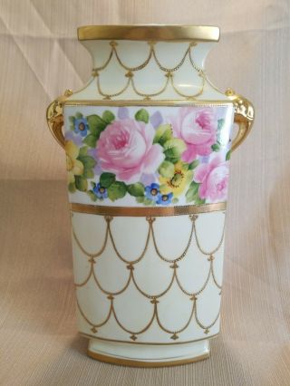 Antique Nippon Hand Painted Elephant Handled Roses And Gold - Vase