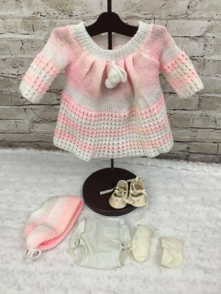 Vintage Pink White Doll Dress Clothes Knit Crochet Hat Plastic Bloomers Shoes